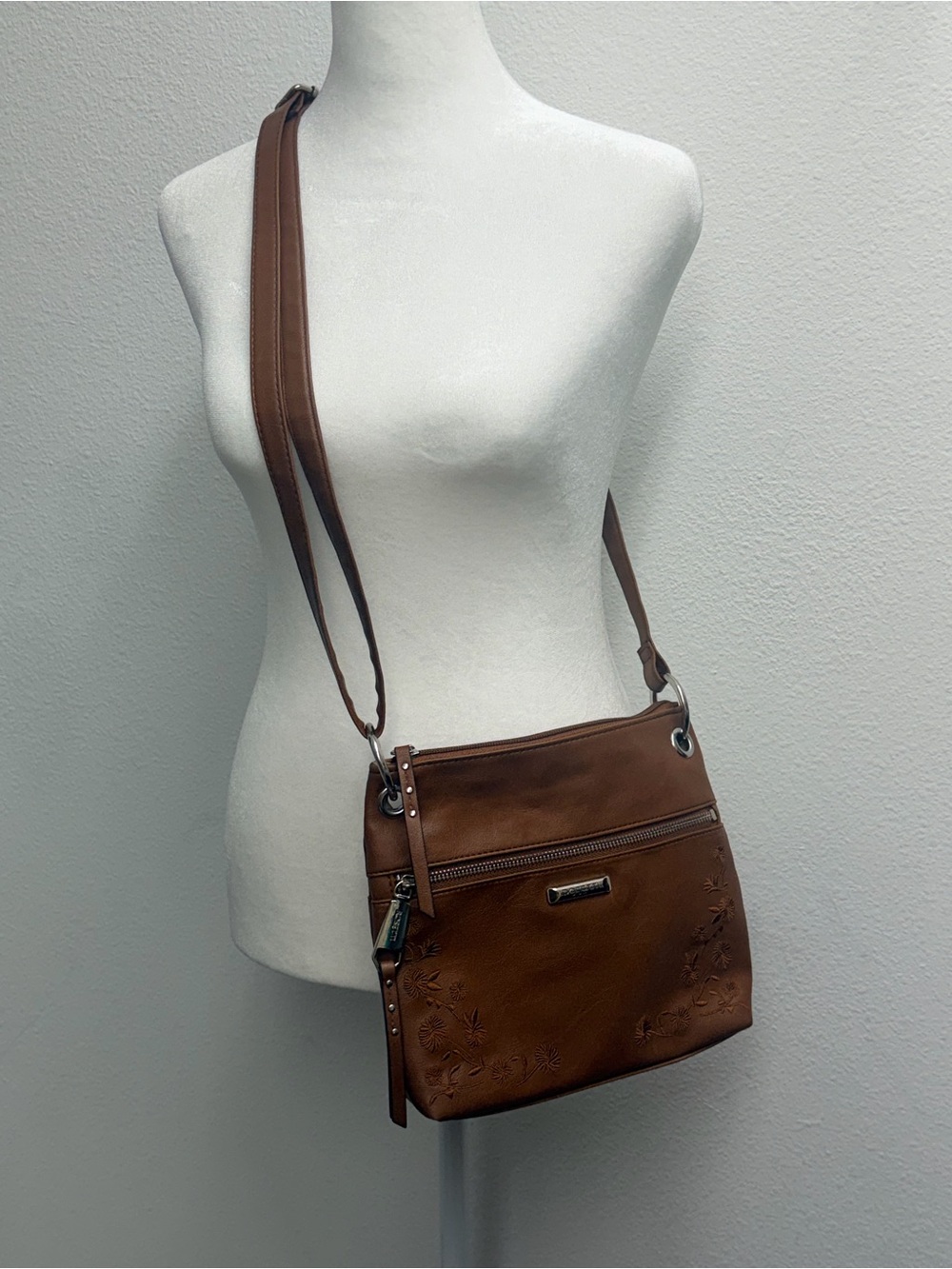 Brown Crossbody Floral Embossed Women's Bag with silver hardware